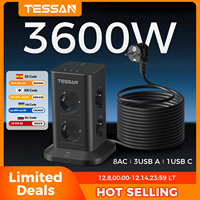 TESSAN 3600W USB C Tower Power Strip with 2M Extension Cord Vertical Electric Socket with Switch 12 Way Power Strip for EU KR RU
