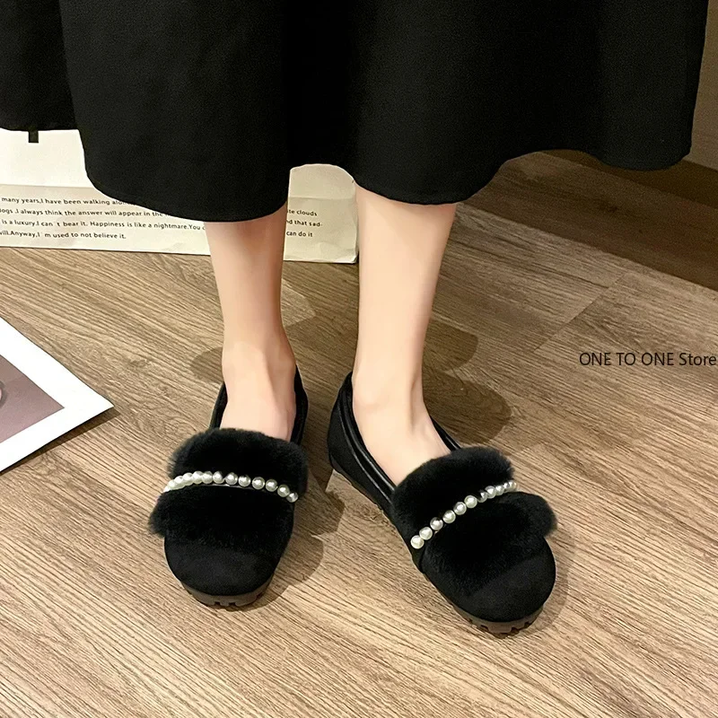 Pearl White Women Fur Round Toe Flats Slip on Shoes for Woman Winter Plush Warm Boots Femme Cotton Loafers Mary Jane Plus Size