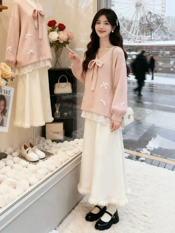 

Комплект из свитера и юбки в корейском стиле: комфортный свободный крой, двухсоставный костюм, длинный рукав, круглый вырез, смесь хлопка