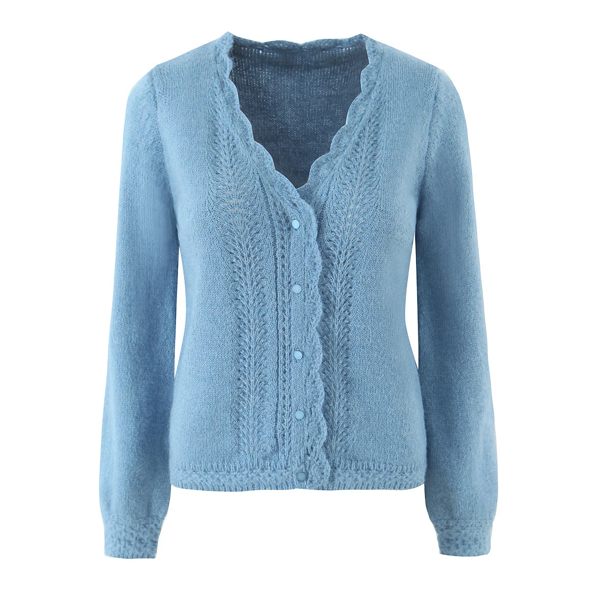 

Blue Lace Trim Long Sleeve Cardigan Women V Neck Single Breasted Slim Jumper Autumn New Vintage Fashion Casual Knitted Sweater