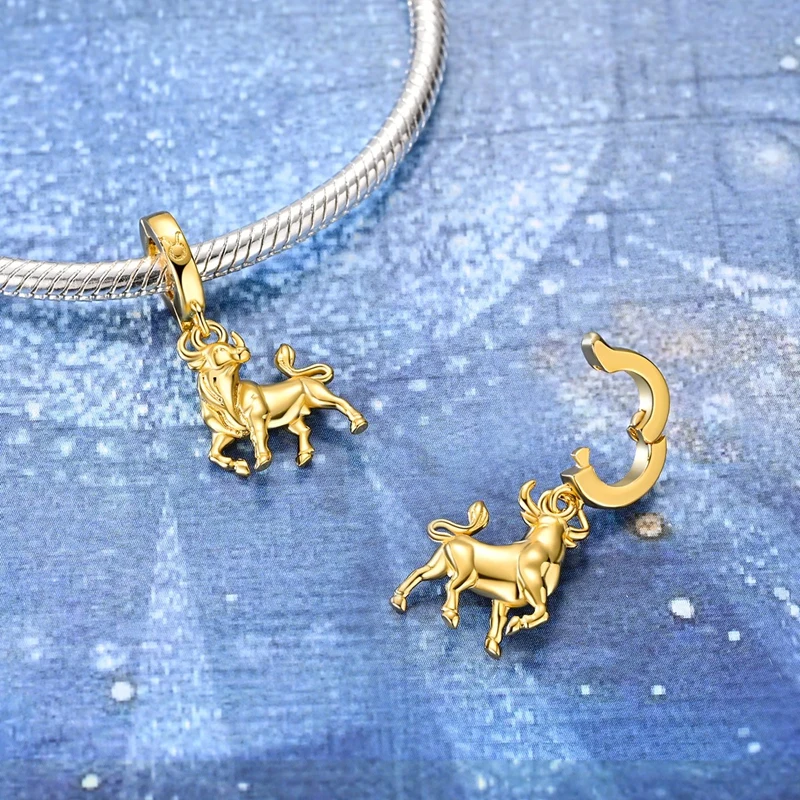 925 Sterling Silver Charms Bead Gold Plated Taurus Dangle Fit Original Bracelet DIY Women Jewelry Gift