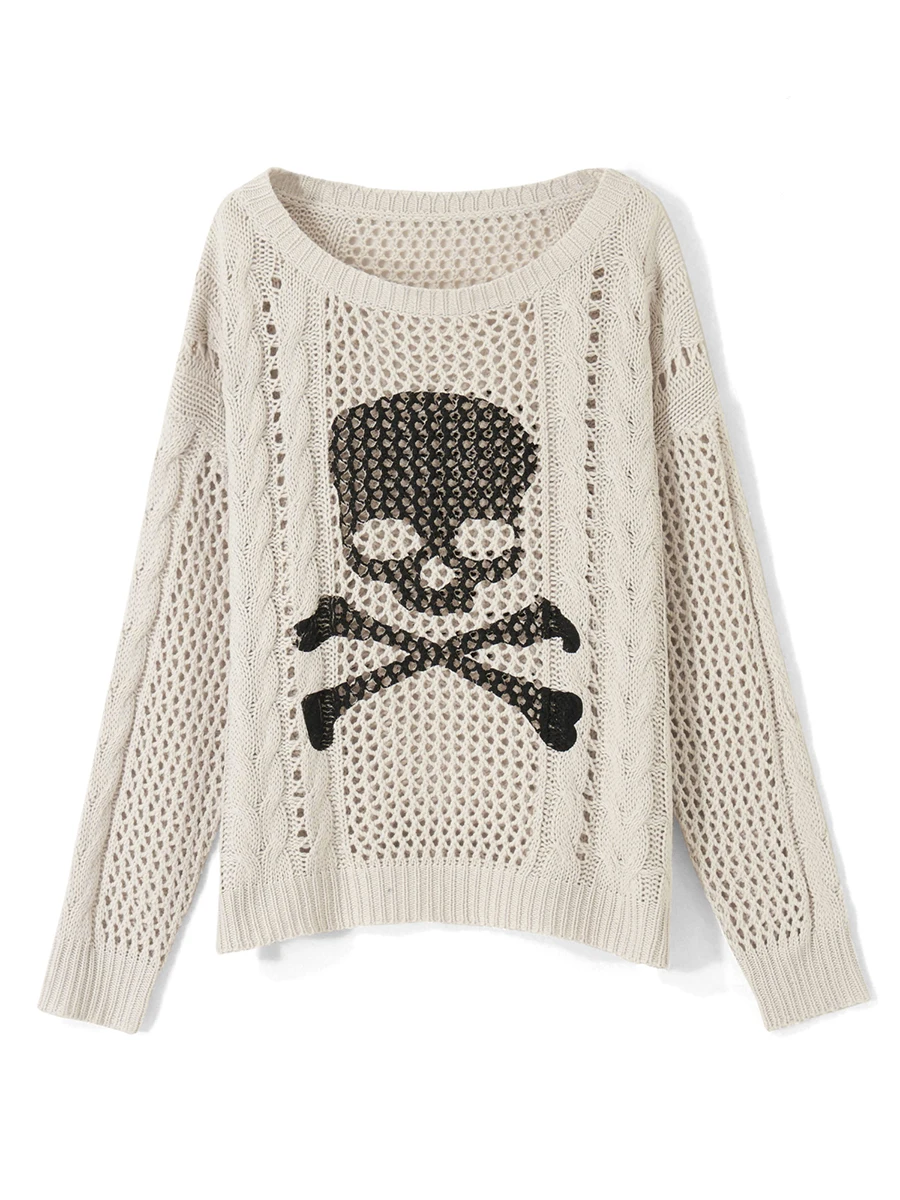 Women’s Hollow Out Sweaters Long Sleeve Off Shoulder Skull Print Cable Knit Jumper Tops