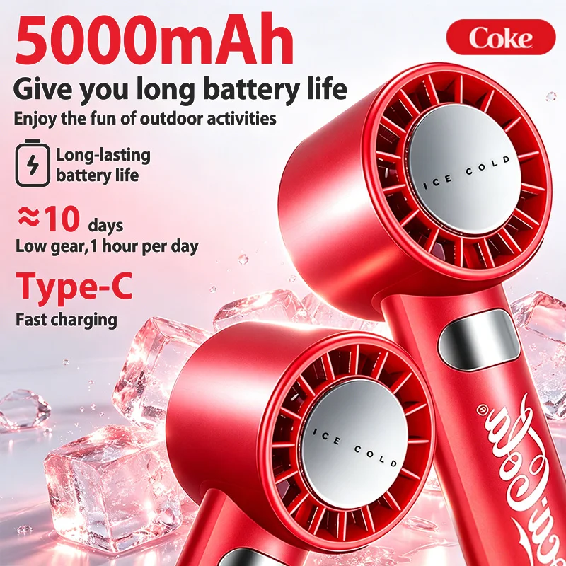 Coca Cola Portable Turbo Handheld Fan with Semiconductor Ice Sensation 5-Level Variable Speed Mini Air Cooler for Outdoor Use