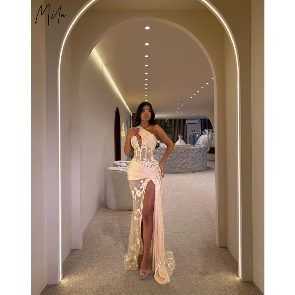 Image of Mila Maßgeschneidertes Champagner-Illusions-Abendkleid mit Blumenapplikationen Seitenschlitz Gerafftes Formelles Bodenlange Abendkleid Vestidos De Fiesta