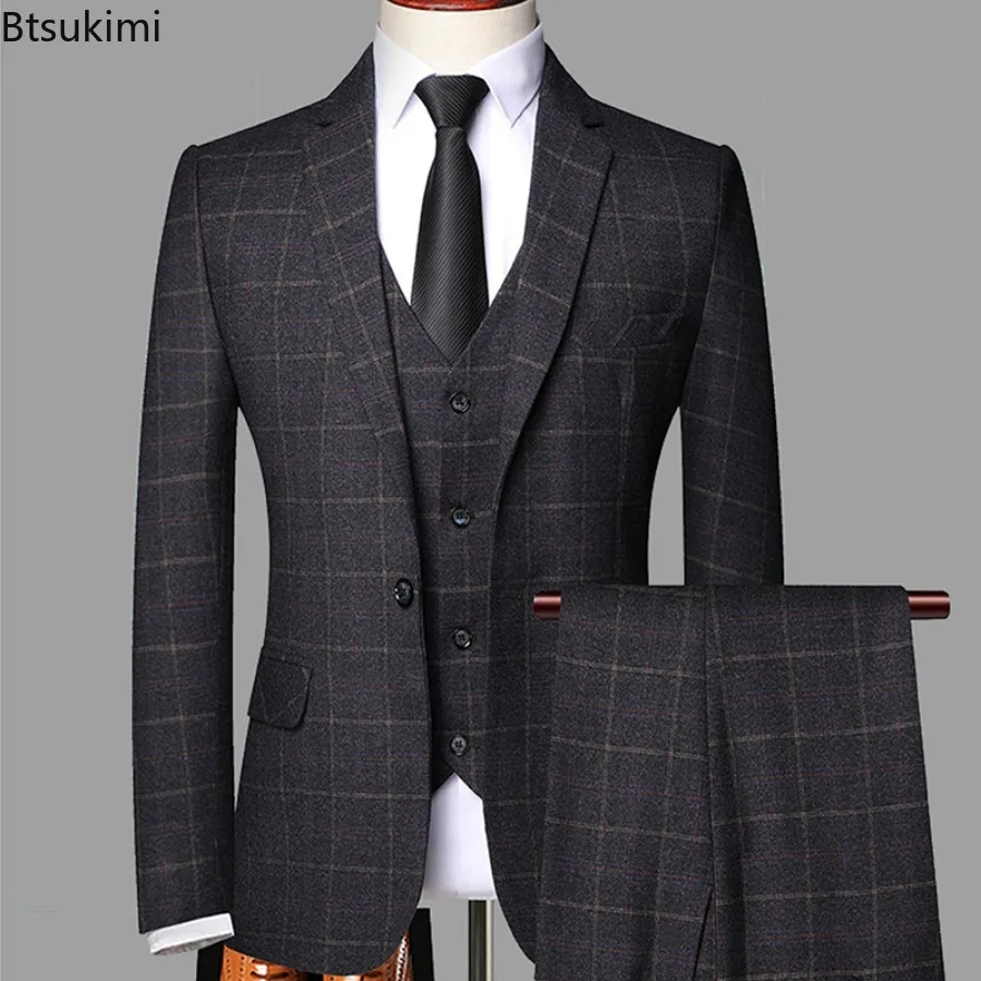 2024 New Men\'s Three-pieces Fashion Plaid Slim Business Party Formal Elegant Blazer Sets (Jacket+Pants+Vest) Prom Wedding Groom