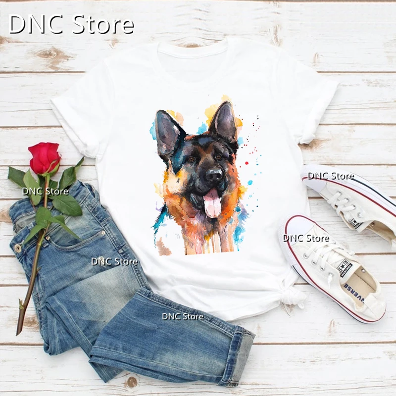 

New Watercolor Dog T Shirt Poodle Poodle Hound pug German Shepherd T-Shirt Fashion Graphic Print Women Female Clothing Tops