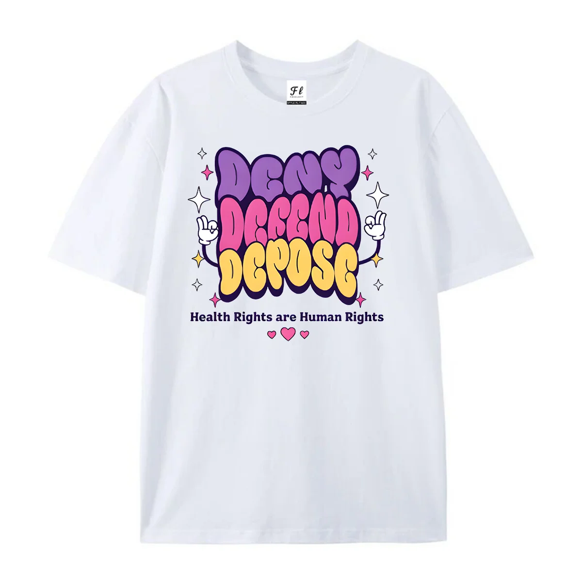 Deny Defend Depose Retro Bubble Letter Graphic T‑Shirt Health Rights Are Human Rights Print Crew Neck Short Sleeve Casual Wear