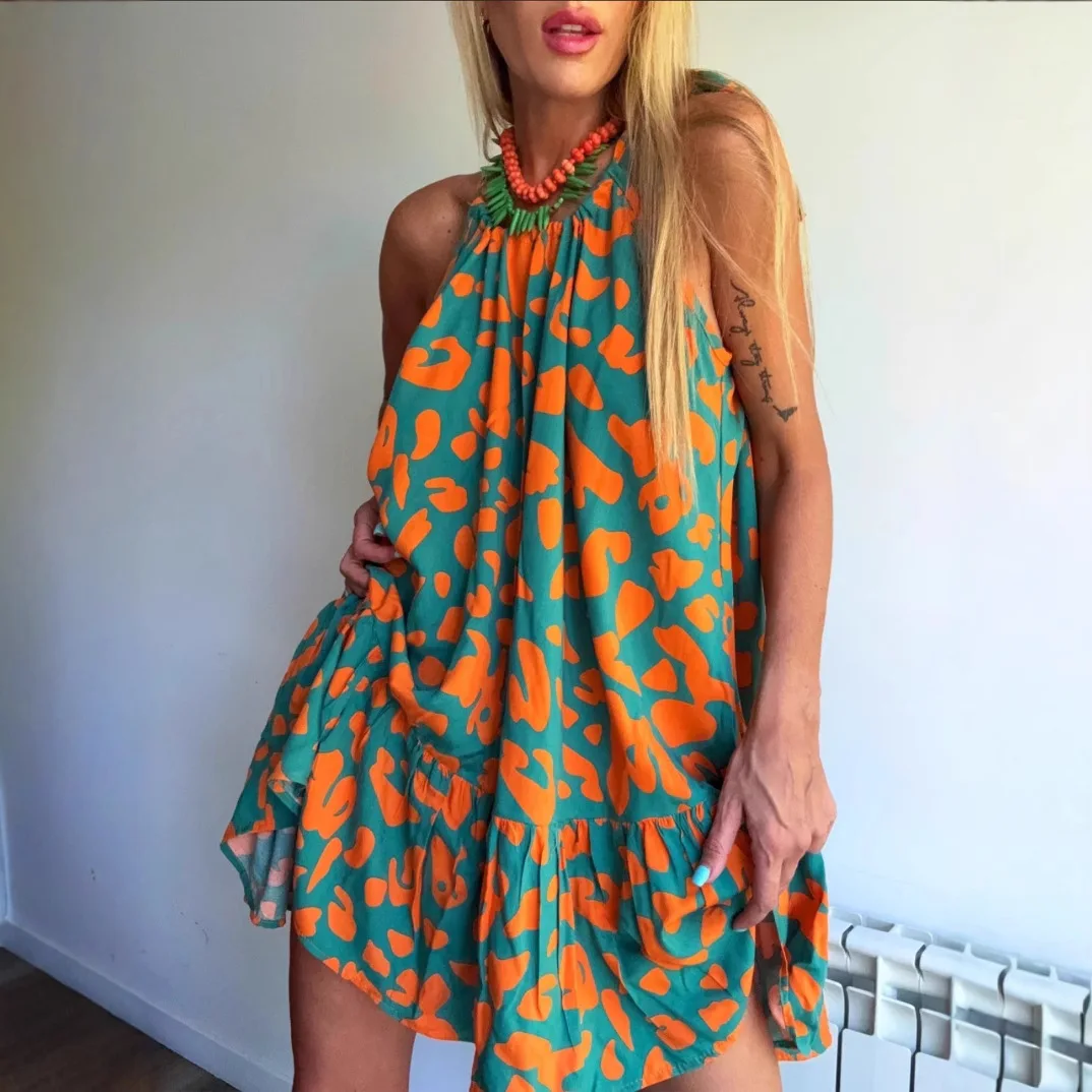 

Casual Print Dress Summer Fashion Sleeveless Halter Neck A-line Lace Up Mini Dresses Loose Beach Vacation Style Women's Clothing