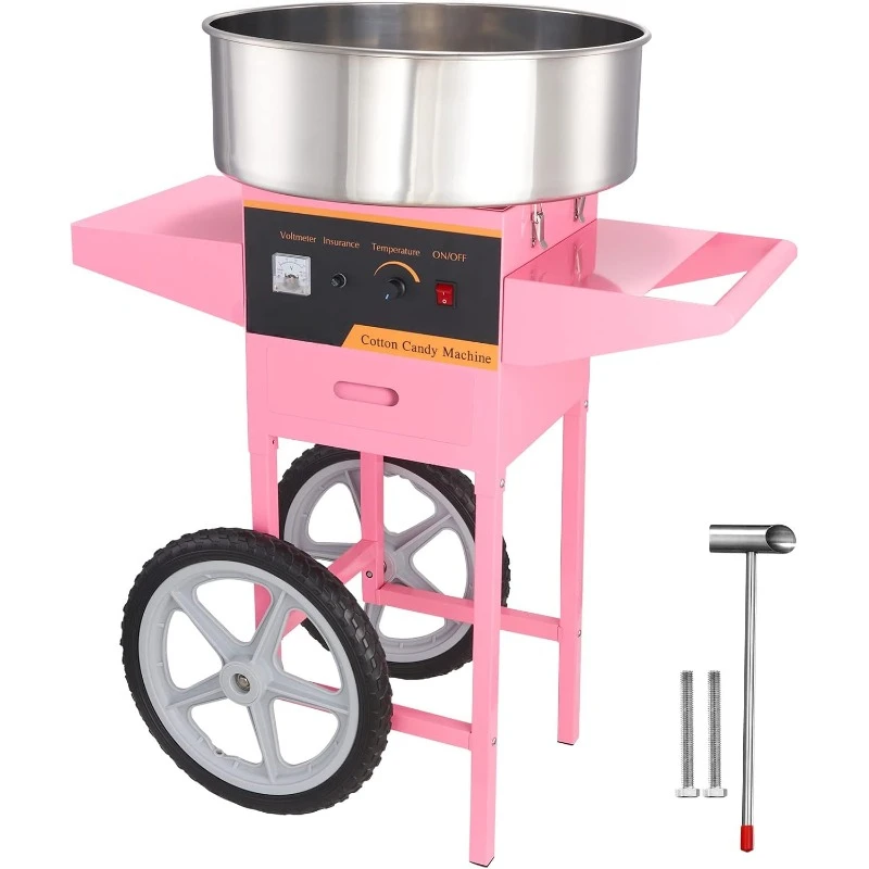 Commercial Cotton Candy Machine with Cart, Electric Floss Maker with Stainless Steel Bowl, Sugar Scoop and Drawer,