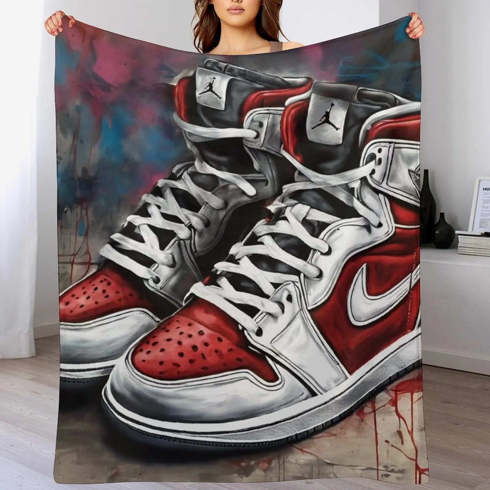 Red Jordan 1 Sneakers with Vibrant Spray Painted Background Art Throw Blanket For Decorative Sofa Luxury Designer Blankets