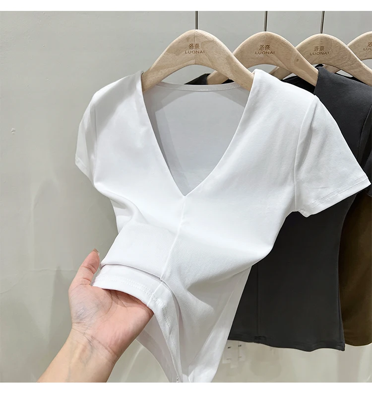 Casual Cotton V Neck Short Sleeve T-shirt Women Fashion Shoulder Pad Solid Color Summer Slim Tees Ladies Basic Elastic Tops