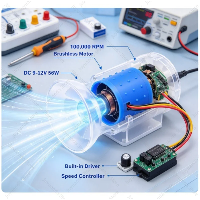 DC 9V 12V 24V 100000RPM Mini Brushless Ducted Fan, Aluminum Impeller Ultra-High Speed Motor for Hair Dryer Turbo Blower