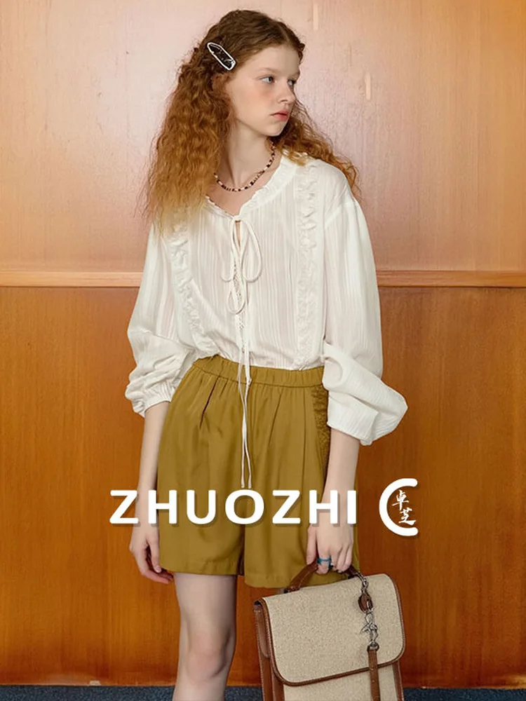 

White Lace Trim Collar Long Sve irt Women's Simple Sle Spring New Arrival Casual Breathable Comfortable round Ne Top