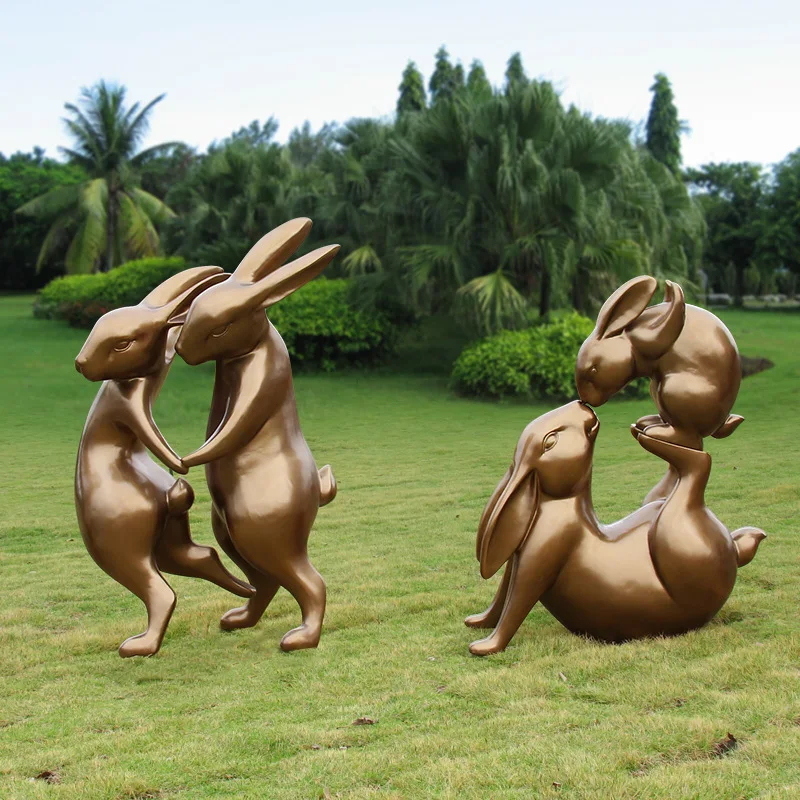 Imitation copper rabbit sculpture, fiberglass, dancing and running animals, sales department, park, villa, scenic area, lawn orn