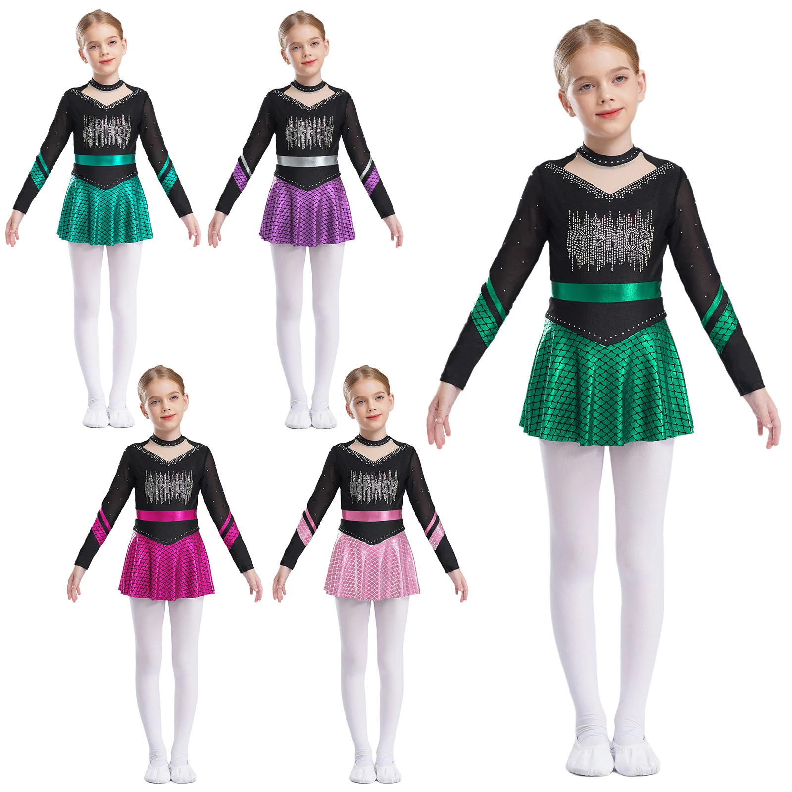 Kids Girls Figure Skating Dance Dress Shiny Rhinestones Fish Scales Mermaid Tutu Leotard Ballet Gymnastics Performance Dancewear