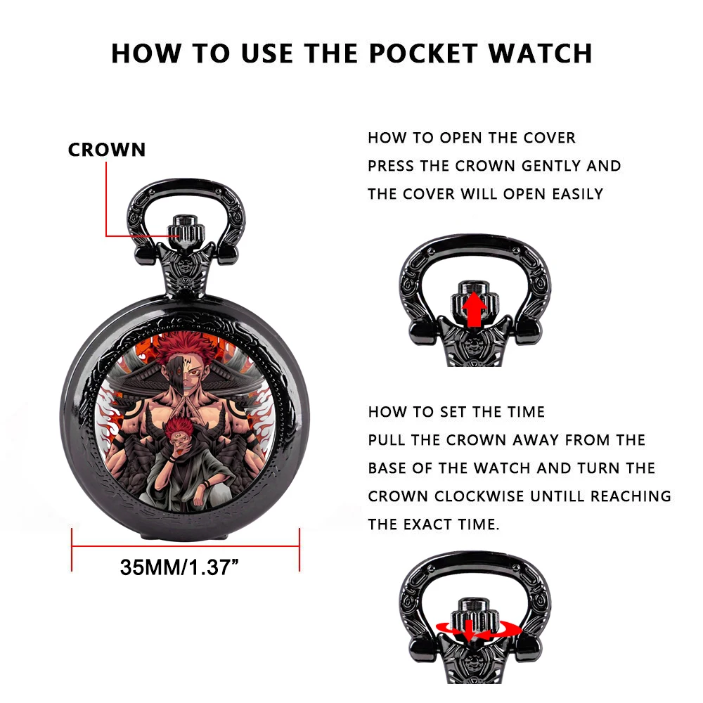 Ryomen Sukuna Glass Dome Black Quartz Pocket Watch with Arabic Numerals Dial and Durable Chain Gift for Men Women