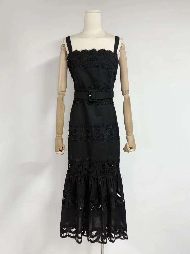 El vestido de cola de pez envuelto en el cuerpo de varias capas para mujer de verano 2025, con recorte de apliques, tirantes halter sexys y cintura ceñida