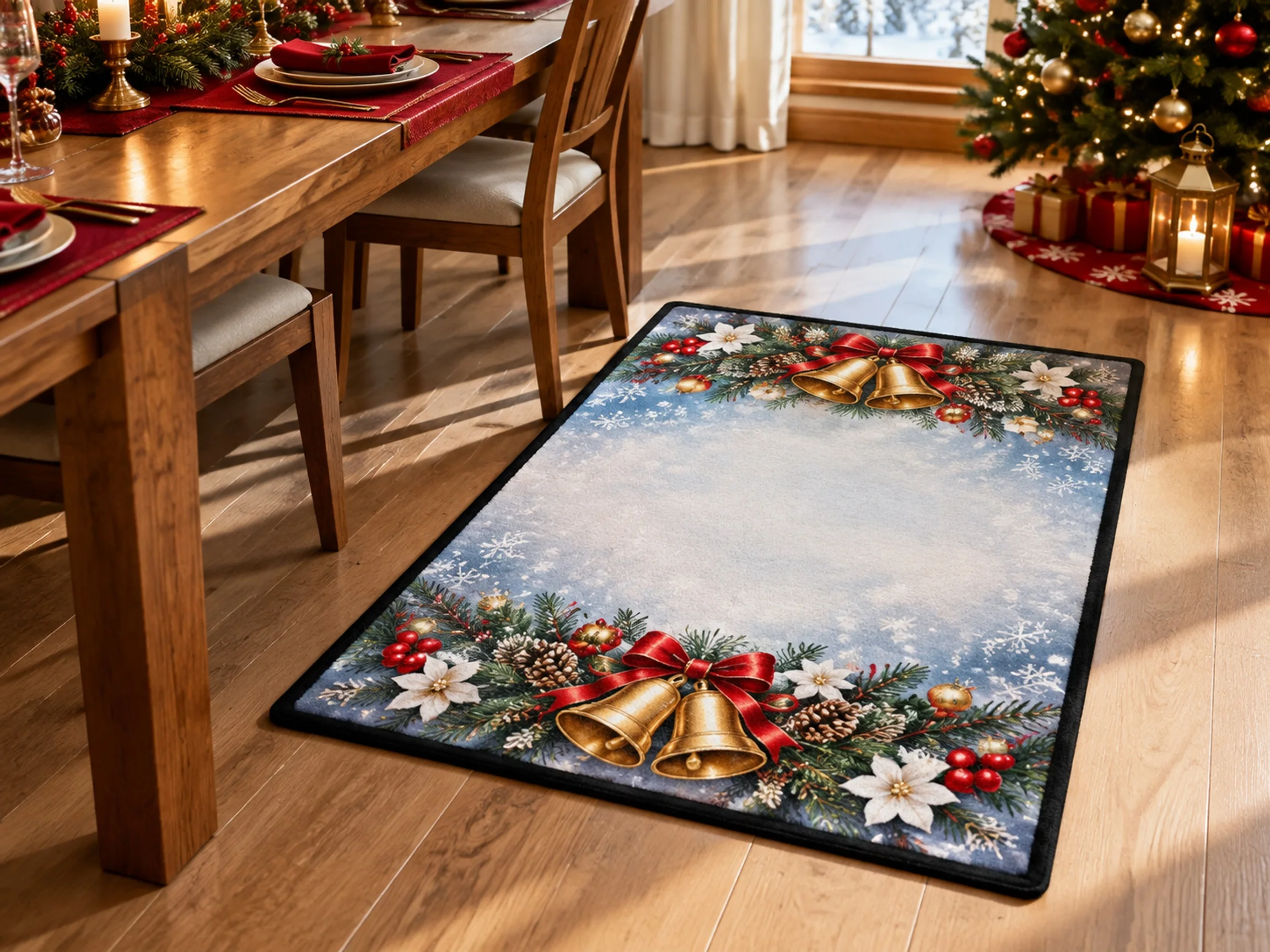 VIKAMA Christmas Blue Silver Bell Flannel Door Mat, Washable Quick Dry Xmas Mat, Xmas Decor for Front Porch, Mudroom, Farmhouse
