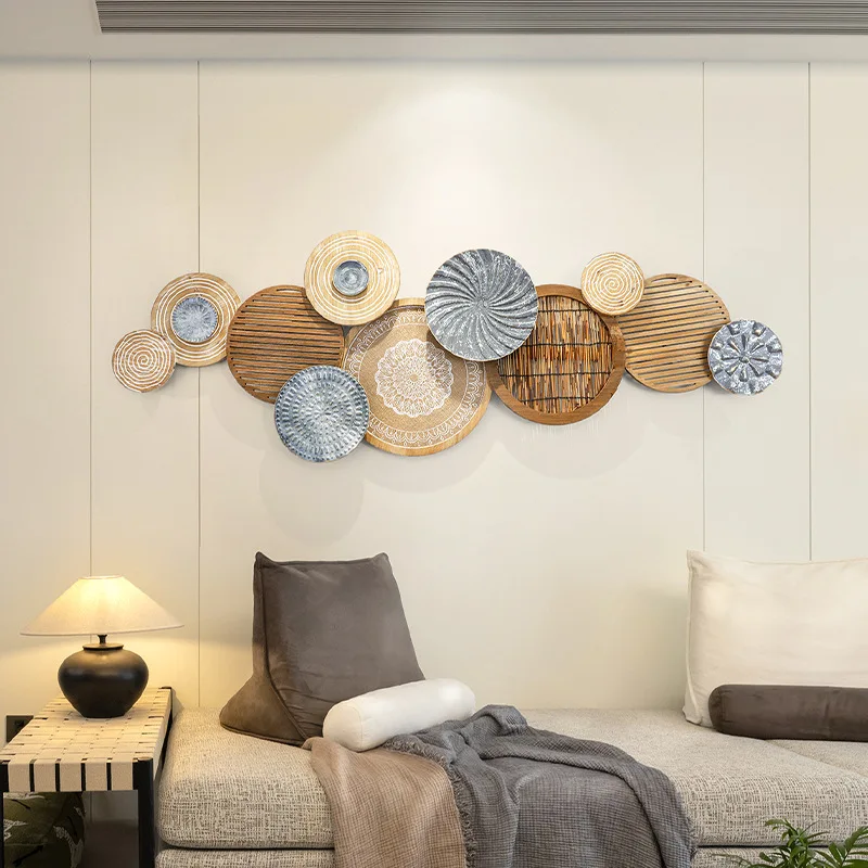 Japanese-style wabi-sabi wind living room sofa background wall decoration dining room wall pendant Morocco homestay log