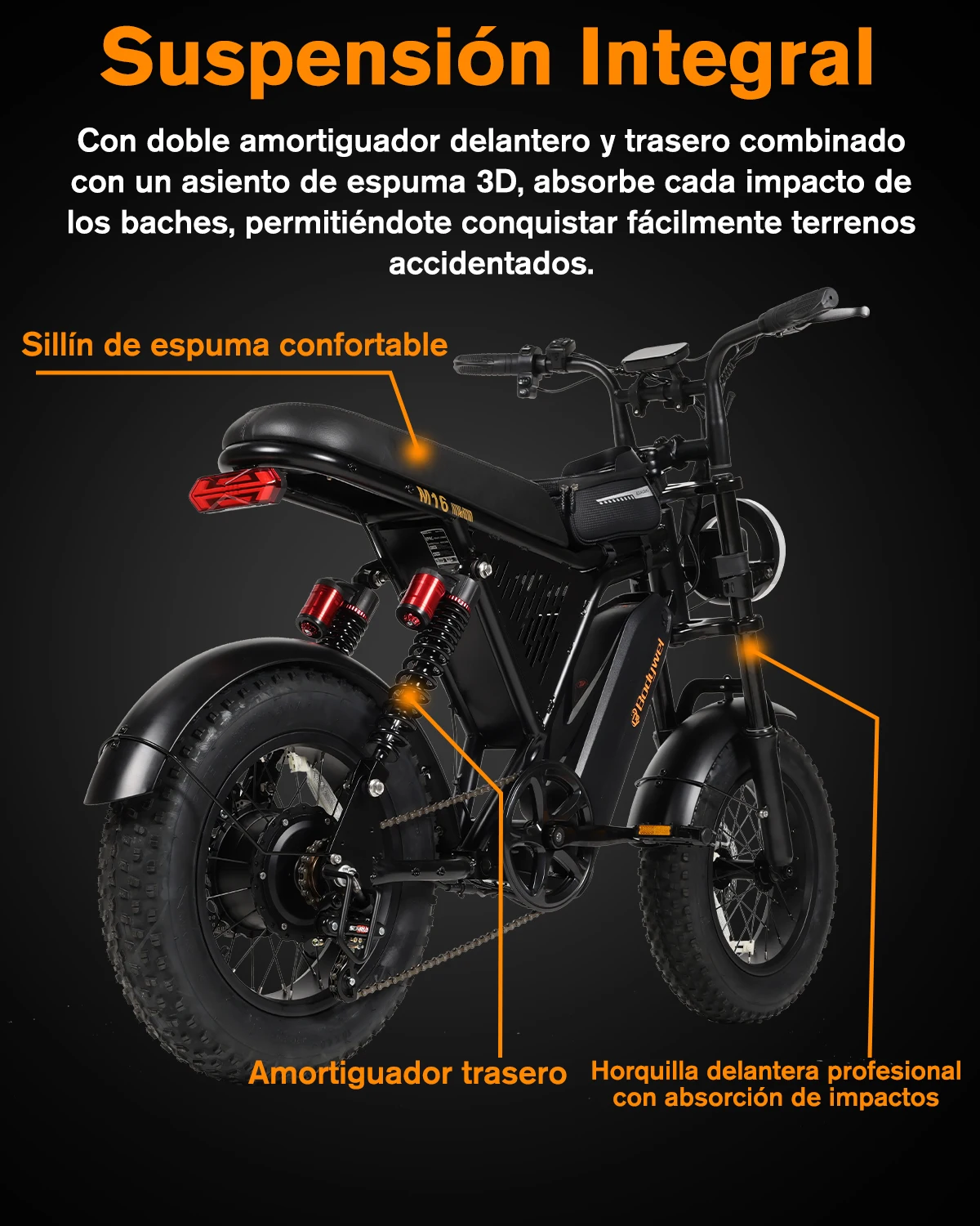 Bicicleta Eléctrica de Montaña para Adultos, Ebike con Suspensión Completa y Neumáticos Gruesos de 16 Pulgadas, Batería de 48V 15Ah, Alcance Máximo de 80 km, 25 km/h, Estándar Europeo, Bicicleta Eléctrica Todoterreno