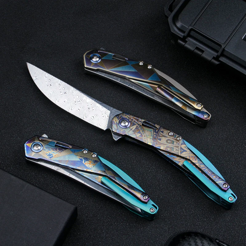 Baking color process unique pattern folding fruit knife S125V steel titanium alloy handle survival camping collection