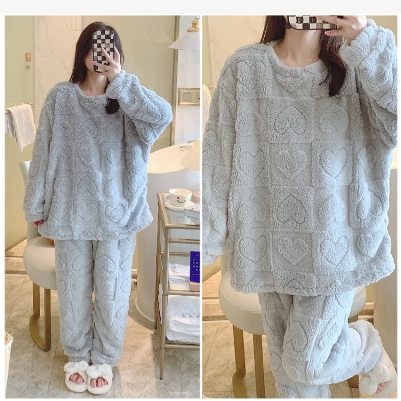 

5XL Oversized Plush Pajamas Set Women's Coral Fleece Autumn Winter Warm Home Clothes Sweet Long Sleeves Loose Thickened Homewear