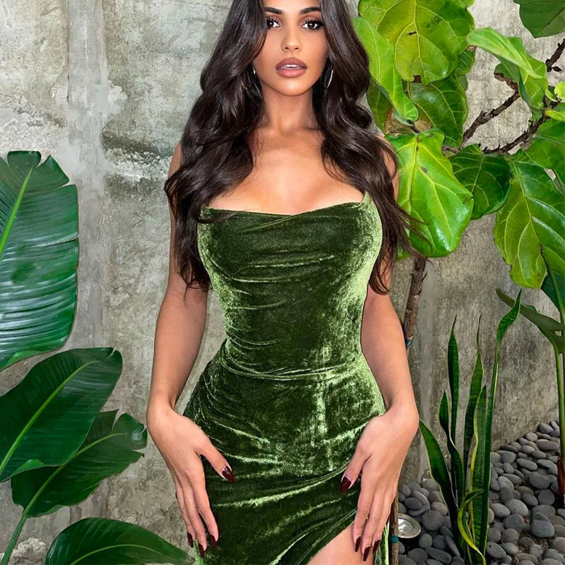 DSMTRC Spaghetli Strap Bodycon Maxi Dress for Woman 2024 Summer Green Big Backless Party Clubwear Sexy Split Cut Out Dresses