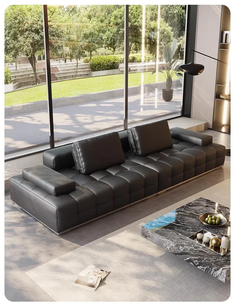 Italian minimalist leather sofa living room straight row large flat-floor villa module combination sofa