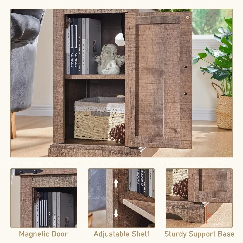 Bauernhaus-Nachttisch im 2er-Set mit Ladestation, rechteckiger 17-Zoll-Tisch mit Scheunentür und verstellbarem Stauraum S