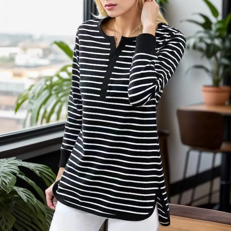 2024 New Autumn Spring Polyester O Neck Long Sleeve Woman T-shirts Fashion European Style Striped t shirt