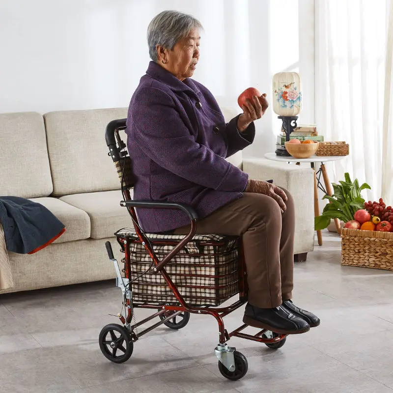 Elderly Scooter with Four Wheels for Grocery Shopping Small Cart for Sitting Pushable and Foldable Shopping Cart