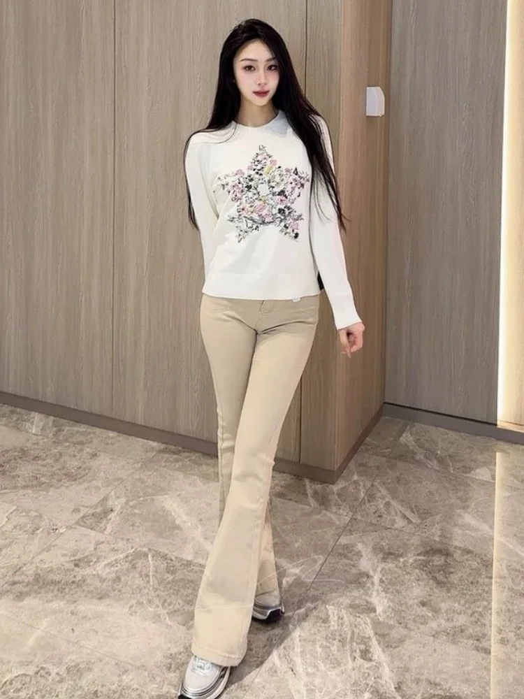 

Американские джинсы с высокой талией из хлопкового стрейч-денима, женские повседневные свободные расклешенные джинсы, летние и осенние модные джинсы больших размеров