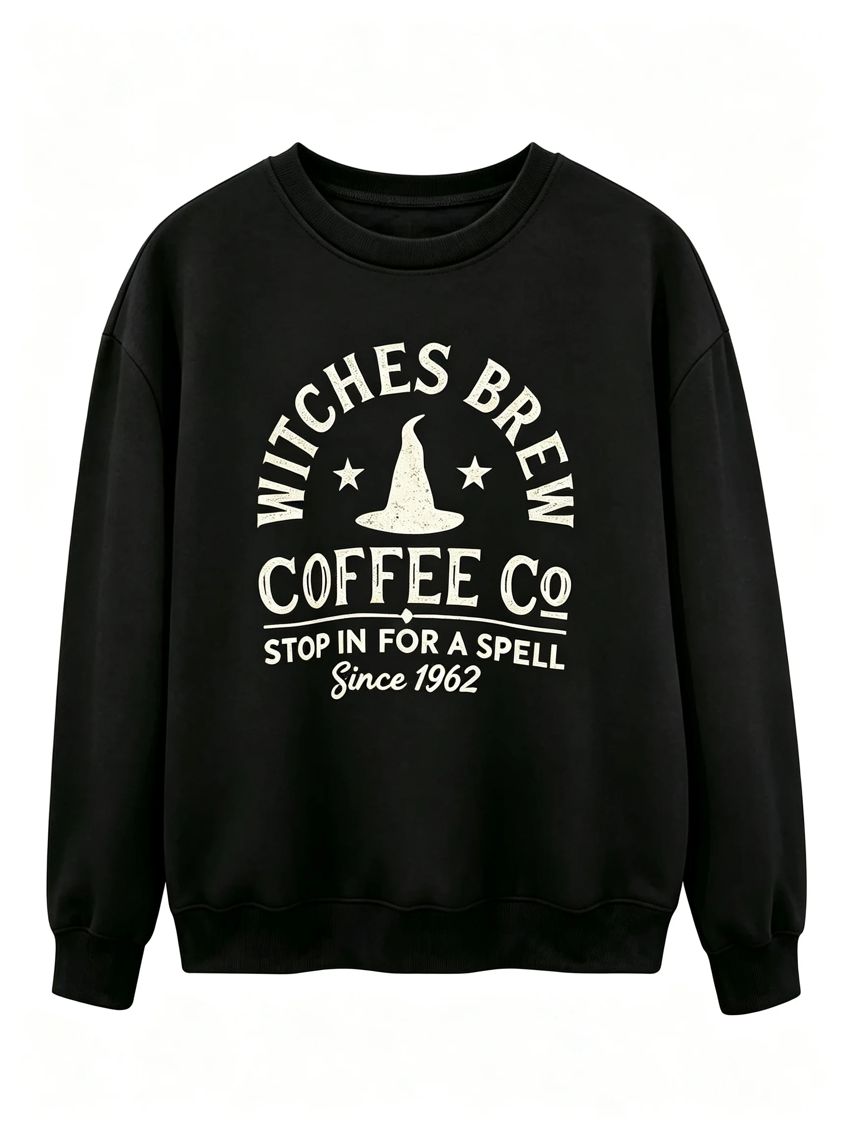 Women Crew Neck Sweatshirt Witches Brew Coffee Co Witch Hat Graphic Pullover Casual Halloween Fall Long Sleeve Party Tops