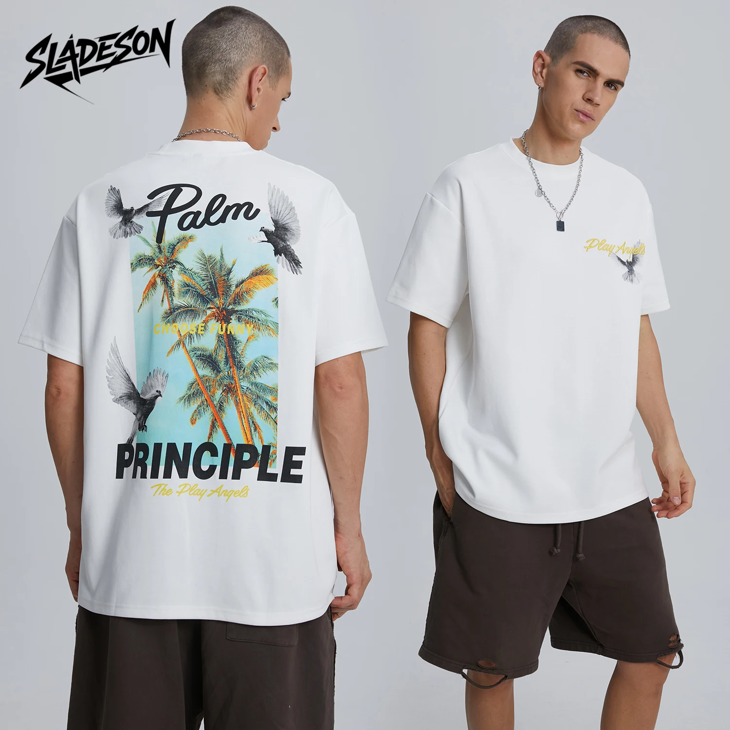 Men's Oversized Tropical Palm Tree Eagle Graphic T-Shirt, Front Golden Play Angels Embroidery Streetwear Loose Cotton Short