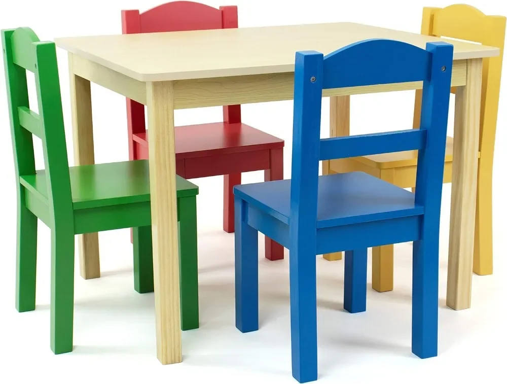 Humble Kids Desk Crew Collection Mesa infantil de madeira e conjunto de 4 cadeiras, conjunto de mesa e cadeira para crianças naturais/primárias