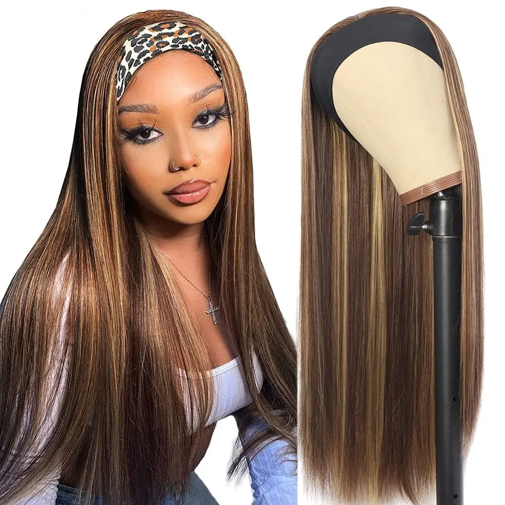 Headband Synthetic Wigs for Women Long Straight Highlights Wig Silky Heat Resistant Wigs for Daily Party Use