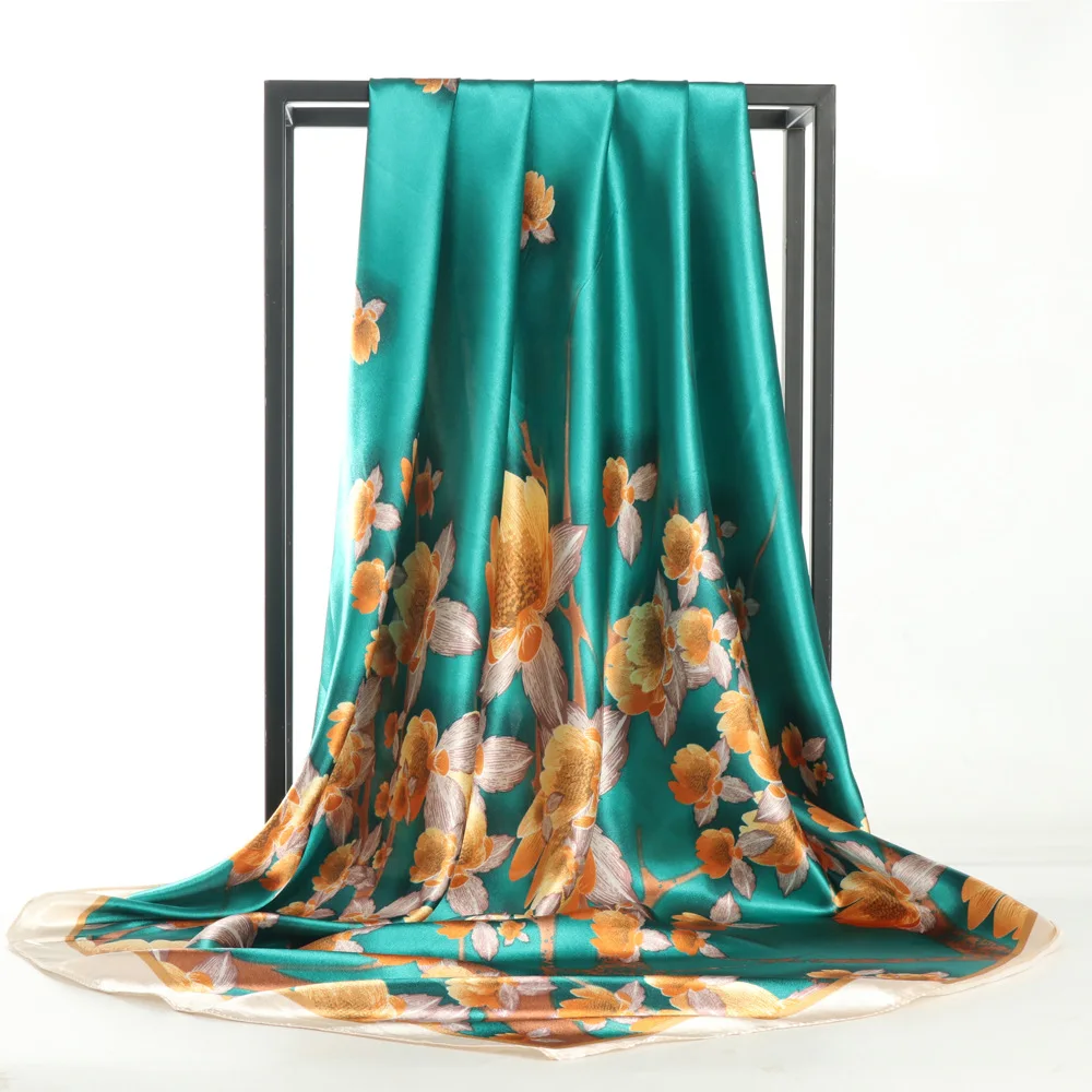 

90*90cm Women Scarf Silk Feeling Hair Neck Square Brand Office bandanna muffler Waiter Flight Attendants Handkerchief Rings Wrap