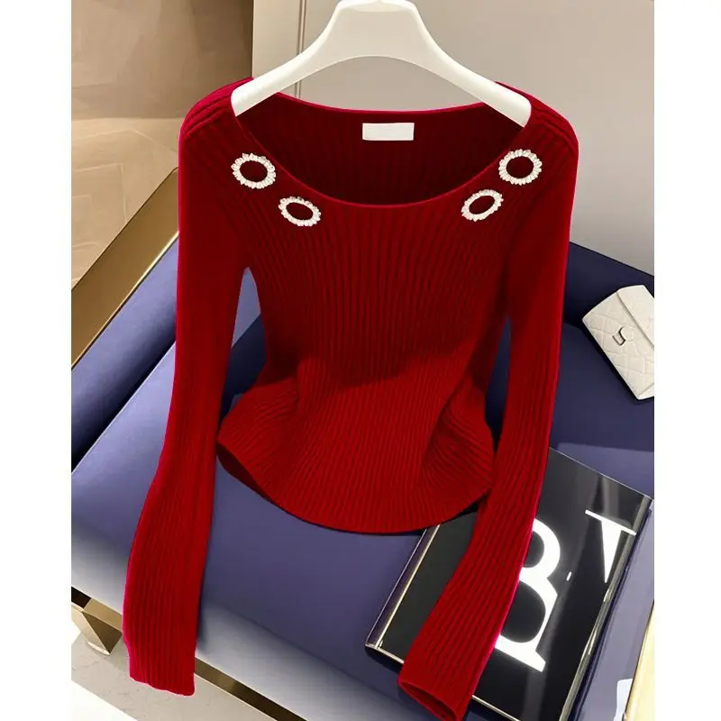 Office Lady O-Neck Pullover Long Sleeve Screw Thread Sweater Knitted Women's Clothing Autumn Winter Rivet All-match Chic Tops