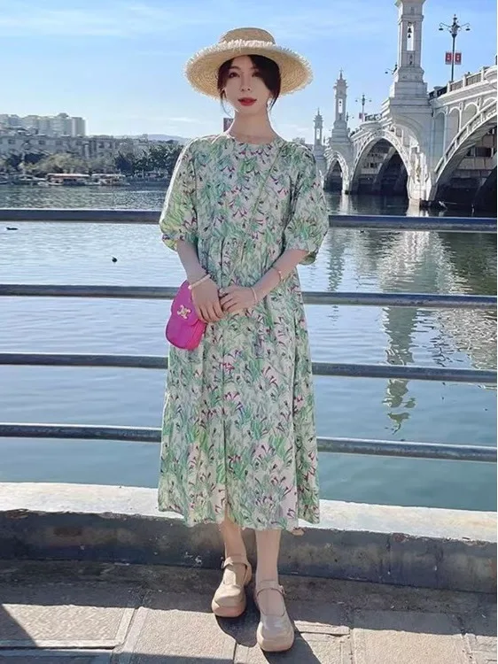 Retro Floral Print Women's Dr Ele Summer 2025 Loose Fitting Slimming Long Gown Bubble Sve A-Line Midi Dr