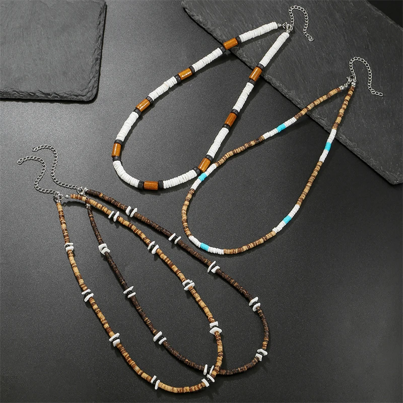 Vintage Ethnic Geometric Gravel Chain Clavicle Necklace Boho Coconut Shell Wood Bead Chain Necklace Men's Neck Jewelry
