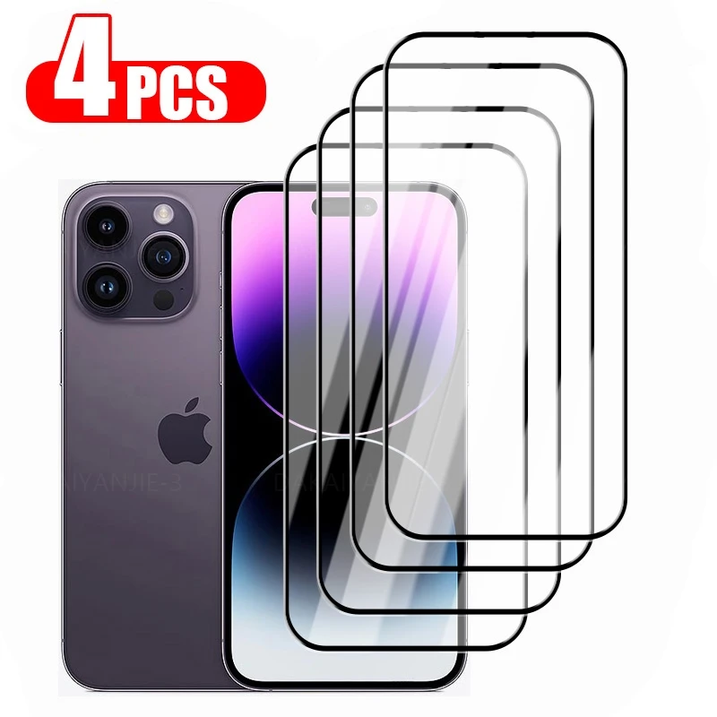 4Pcs Full Cover Tempered Glass On the For iPhone 11 12 13 14 Pro Max Screen Protector For iPhone 6 7 8 Plus X XR XS MAX SE Glass