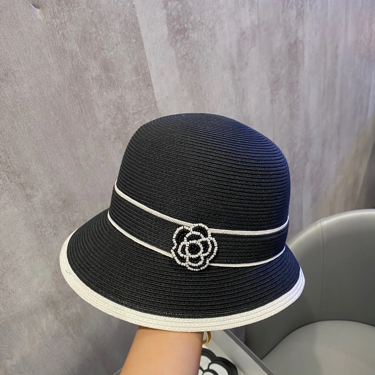 Straw Hat Mountain Camellia Black and White Pearl Straw Weaving Fisherman Hat Fashion Women\'s Summer Sunscreen Straw Hat