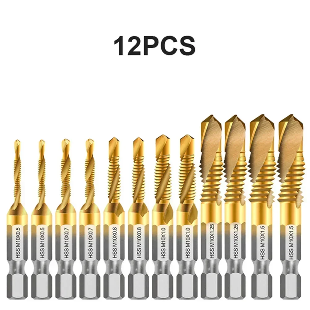 Conjunto de Brocas de Torneira Haste Hexagonal Banhada a Titânio Hss Máquina de Parafuso Torneira Composta para Metal Aço Madeira e Plástico 12 Peças