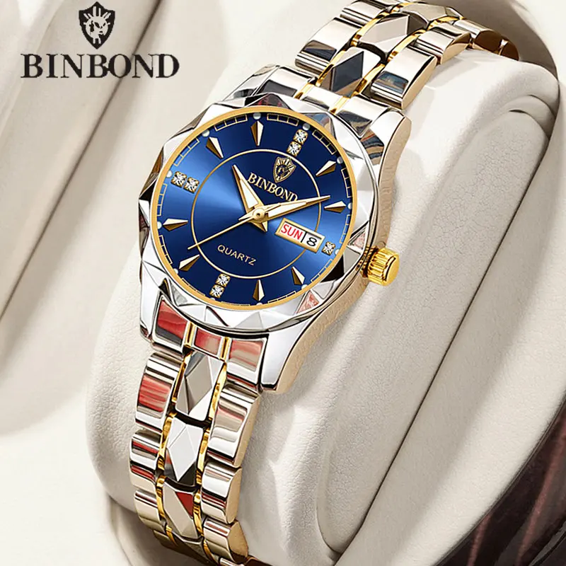 BINBOND B5552 New Luxury Business Quartz Womens Watches 30M Waterproof Luminous Date Stainless Steel Strap Fashion Women Watches