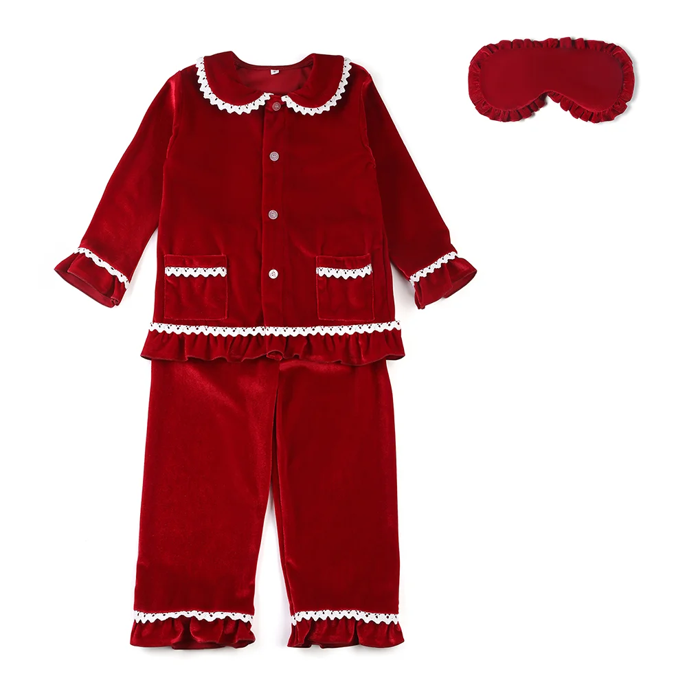 Hot sale kids red velvet baby boy and girl pajamas eye mask and hairpin family matching Christmas pyjamas sets