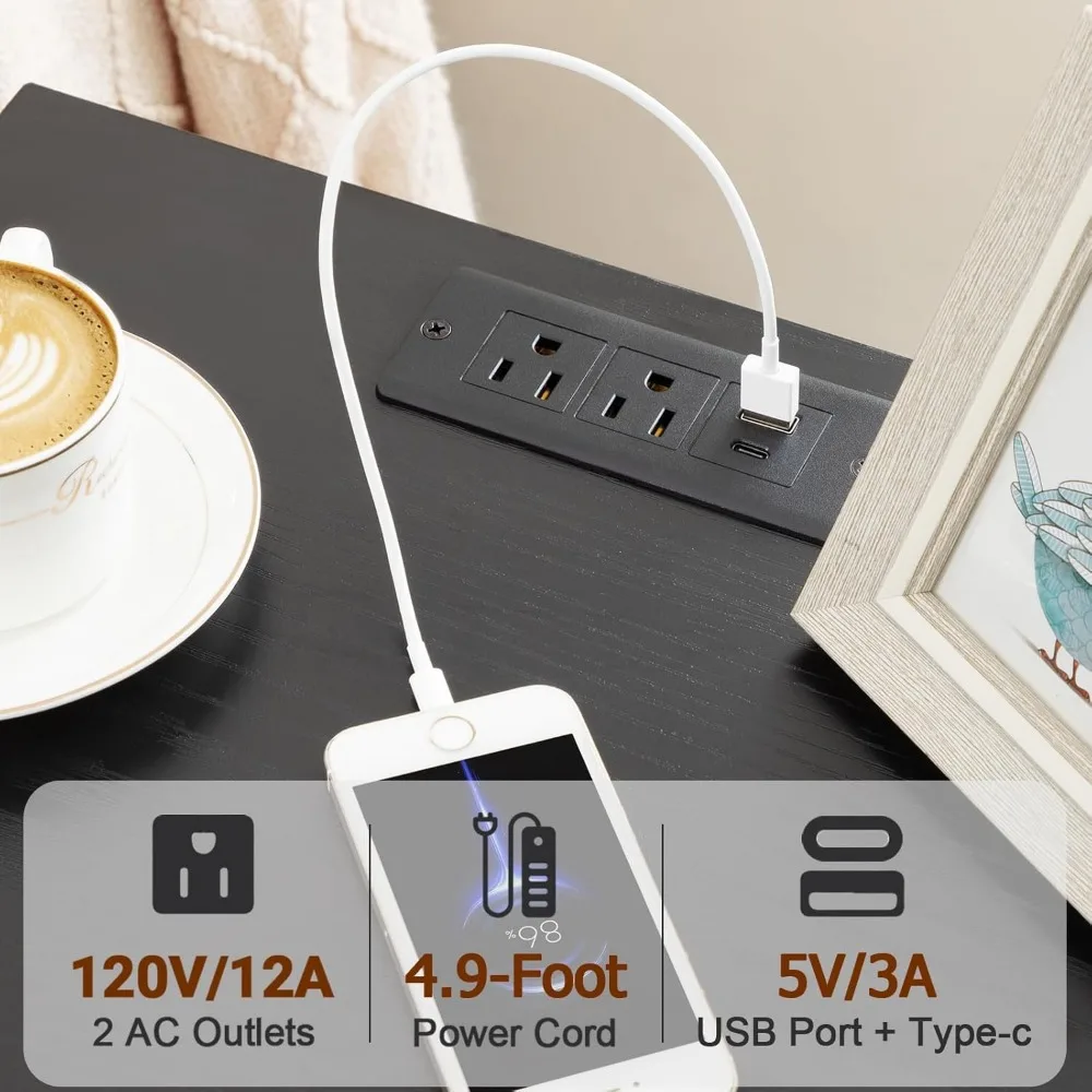 طقم منضدة LED مكون من قطعتين مع قاعدة شحن وتخزين، وطاولة بجانب السرير حديثة للمساحات الصغيرة باللون الأسود