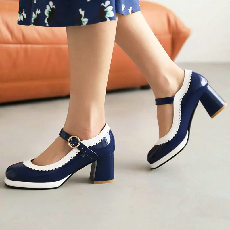 Navy Blue Pink Retro Vintage Ladies Pumps Brogue Design Laser Cut Border Square Chunky Heels Size 33-43 Womens Mary Janes Shoes