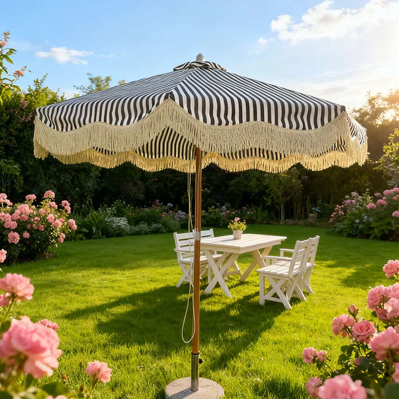 Tassel Edge Black And White Striped Parasol Outdoor Garden Cafe Sun Protection Umbrella Homestay Photo Props Umbrella Customizat