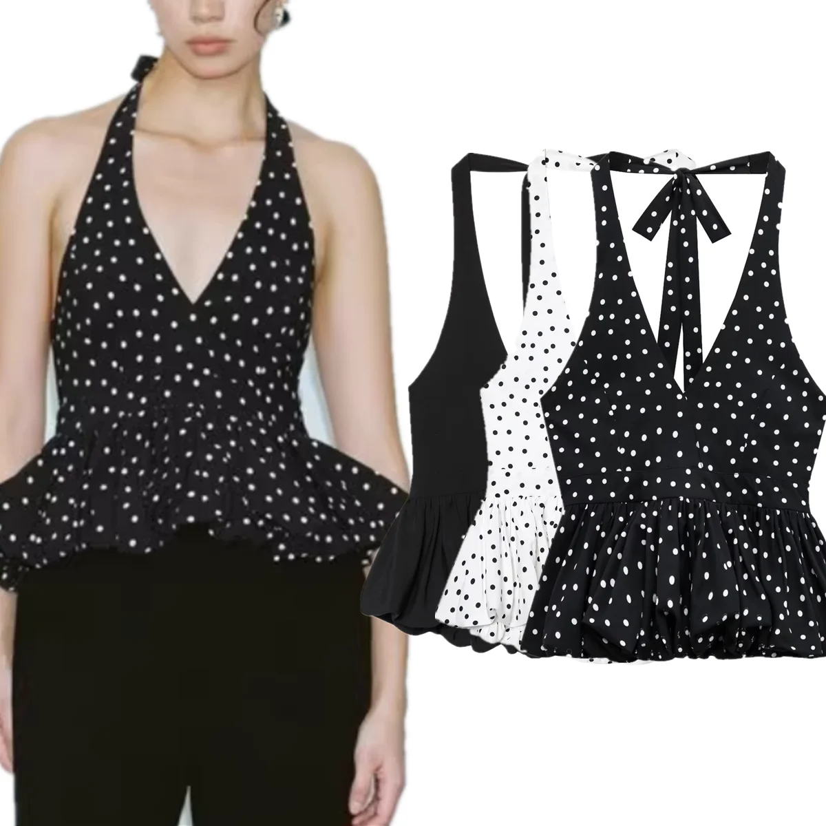 

Maxdutti French Retro Polka Dot Sexy Suspender Shirt Top Minimalist Black Halter Neck Backless Sleeveless Blouse Women Top