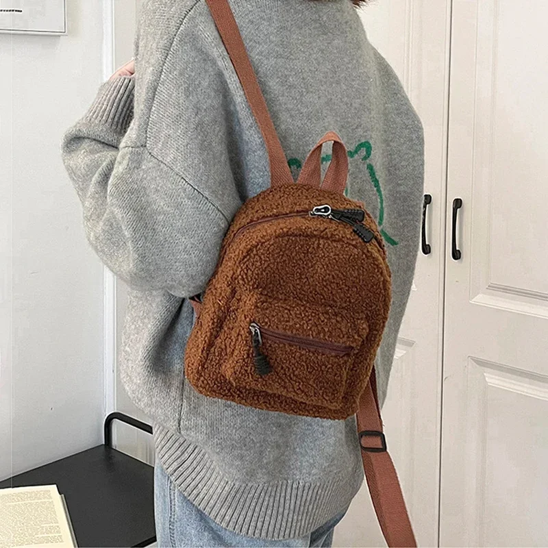 Mini Plush Backpack Solid Color Women Little Girls Wild Fashion Soft Autumn Winter Stylish Small Daypack for Shopping Street